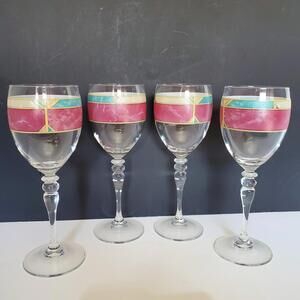 Luminarc France Art Deco Crystal Wine Glasses x4 Mauve Green Taupe Marble Band